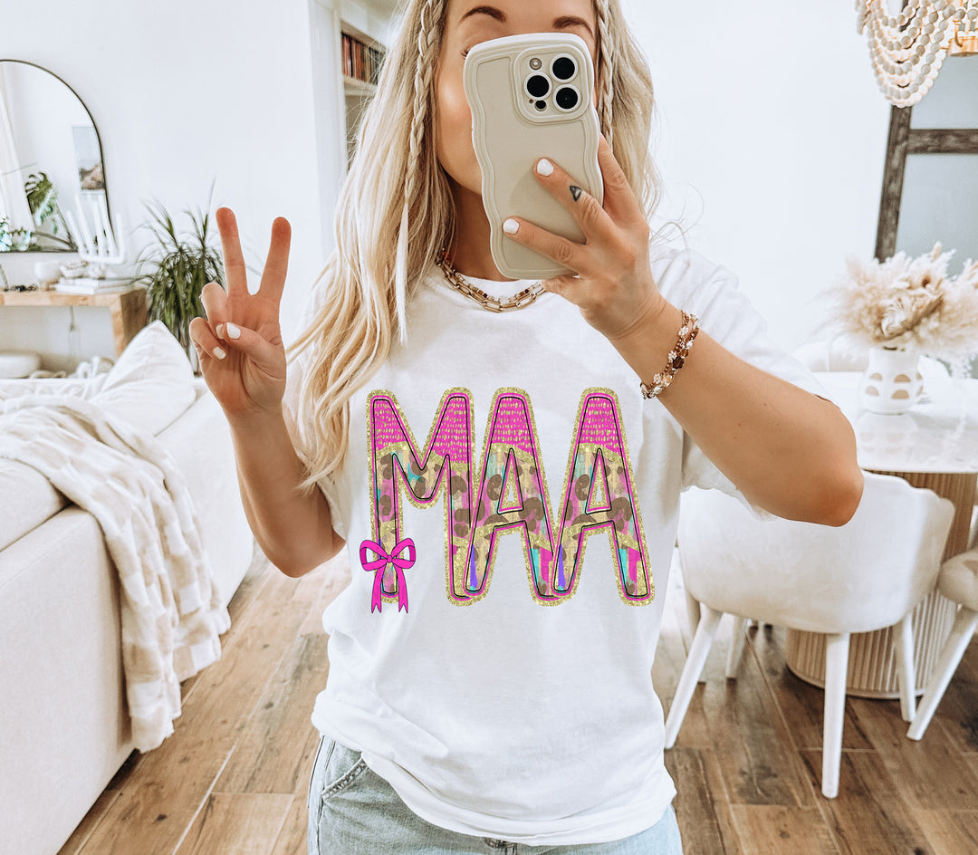 Preppy Leopard Small Bow Mom Name DTF Print