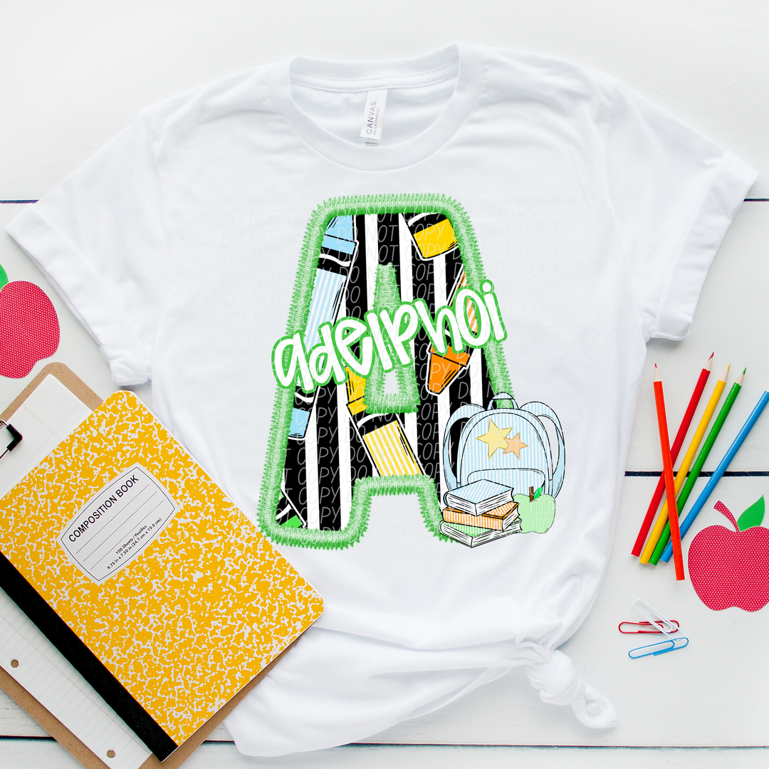 Green Letter Back to School Mascots DTF Print