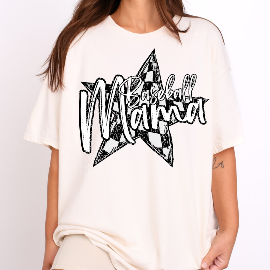 Baseball Mama Script Checkered Star DTF Print