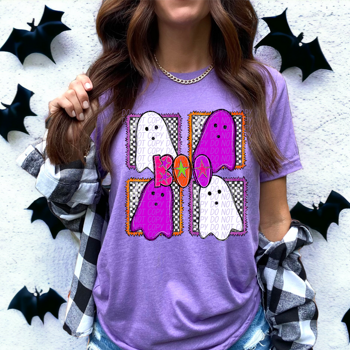 Boo Checked Stamps Purple and White DTF Print