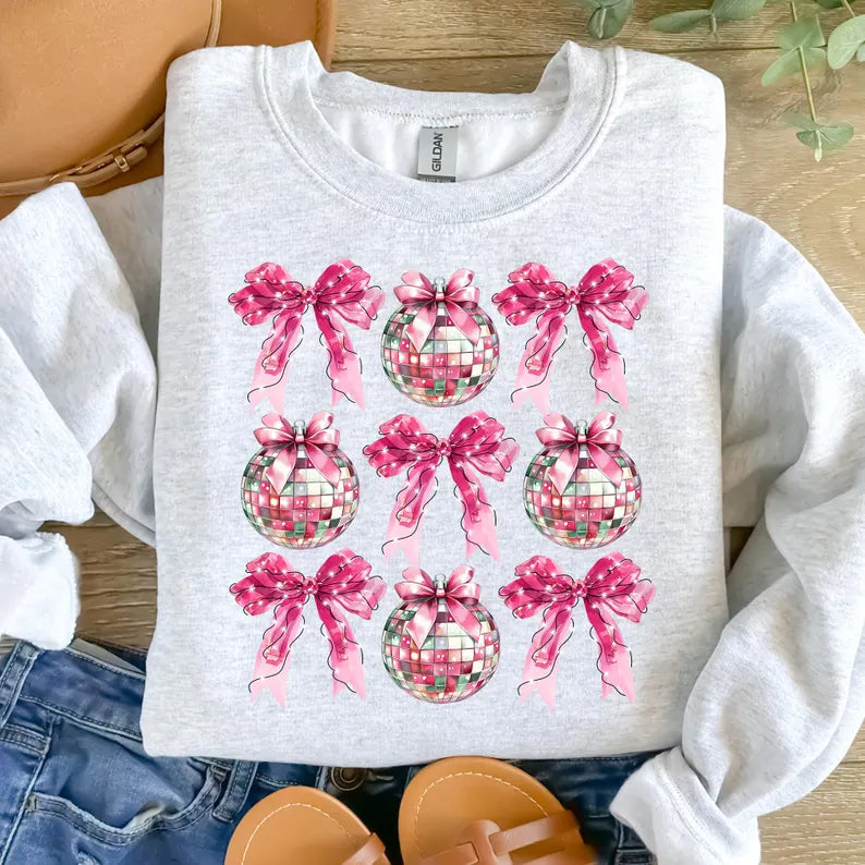 Pink Coquette Bows & Disco Balls ASH GREY Sweatshirt