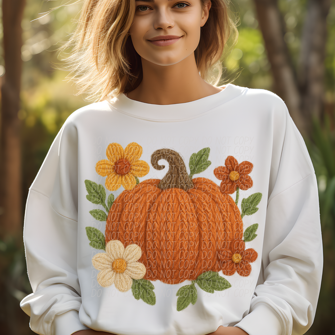 Faux Yarn Flower Pumpkin DTF Print