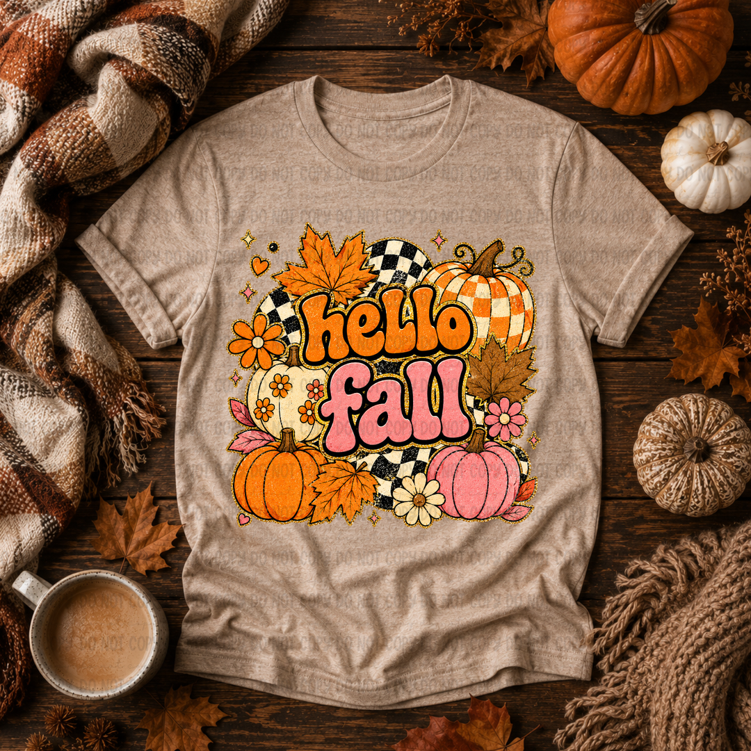 Hello Fall Retro Pumpkin DTF Print