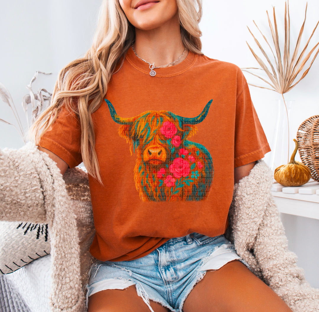 Highland Cow Floral DTF Print