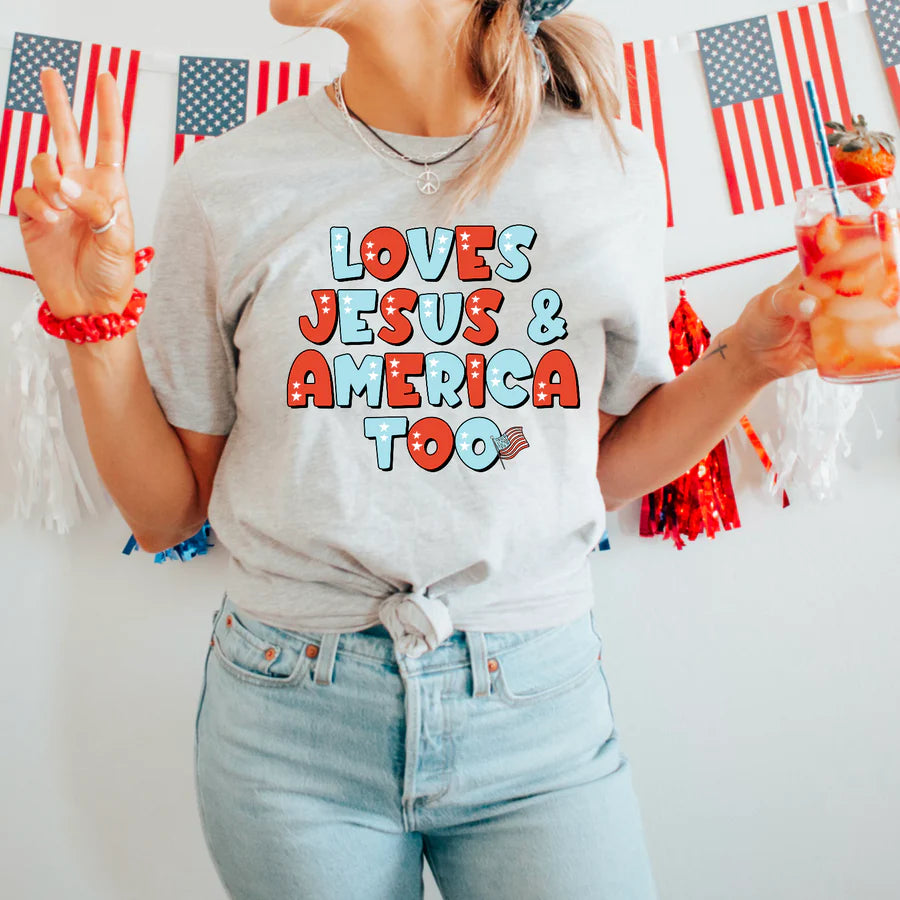 Loves Jesus & America Too ATHLETIC GREY GILDAN SOFTSTYLE Tee