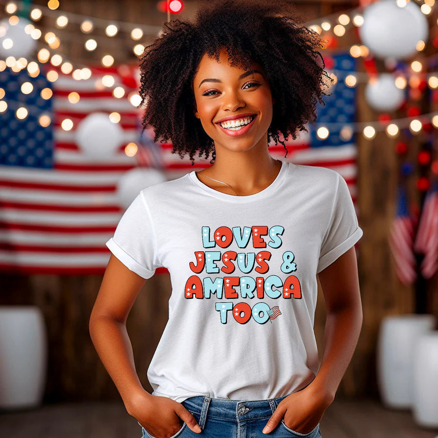 Loves Jesus & America Too BELLA CANVAS White Tee