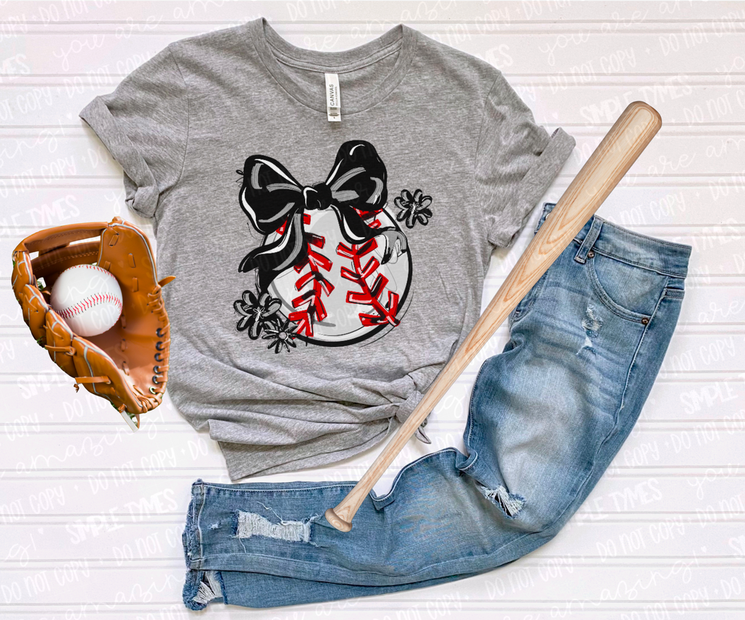 Play Ball Bow with Flowers Baseball DTF Print