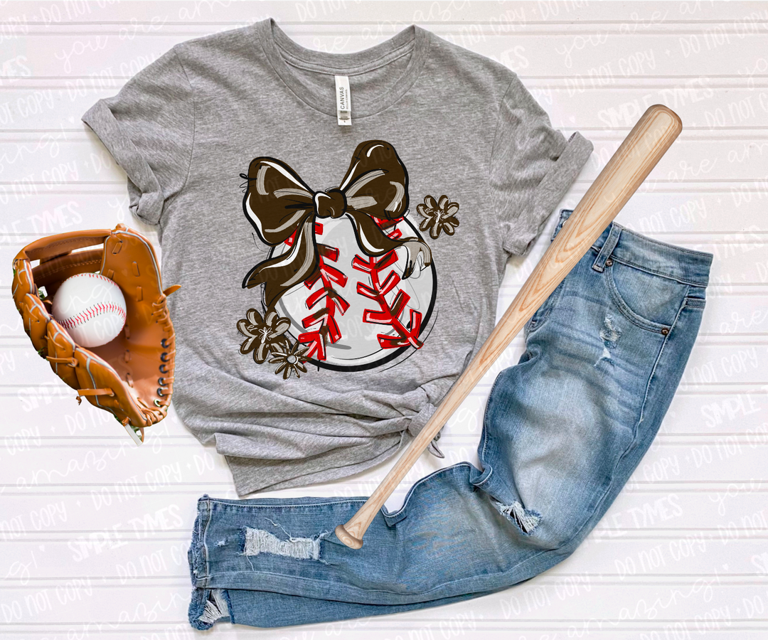 Play Ball Bow with Flowers Baseball DTF Print