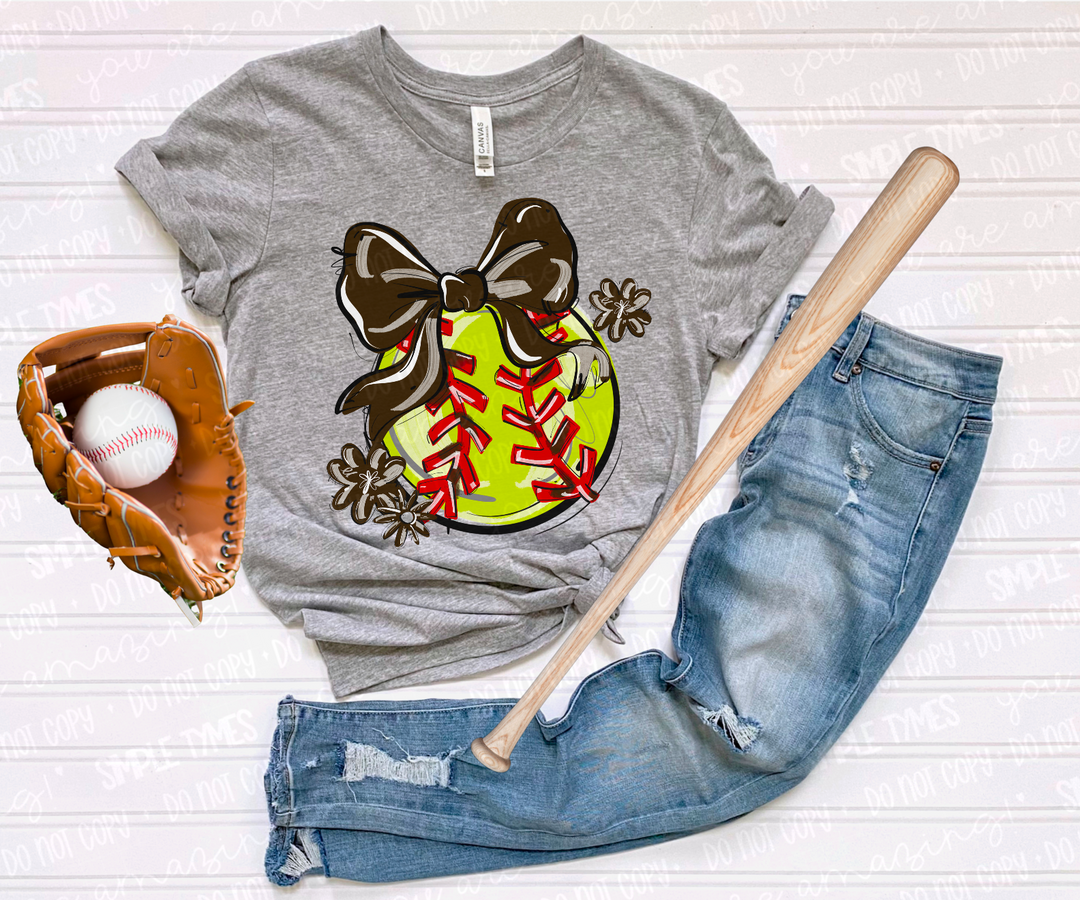 Play Ball Bow with Flowers Softball DTF Print