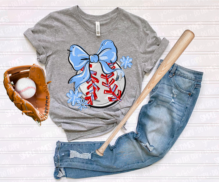 Play Ball Bow with Flowers Baseball DTF Print
