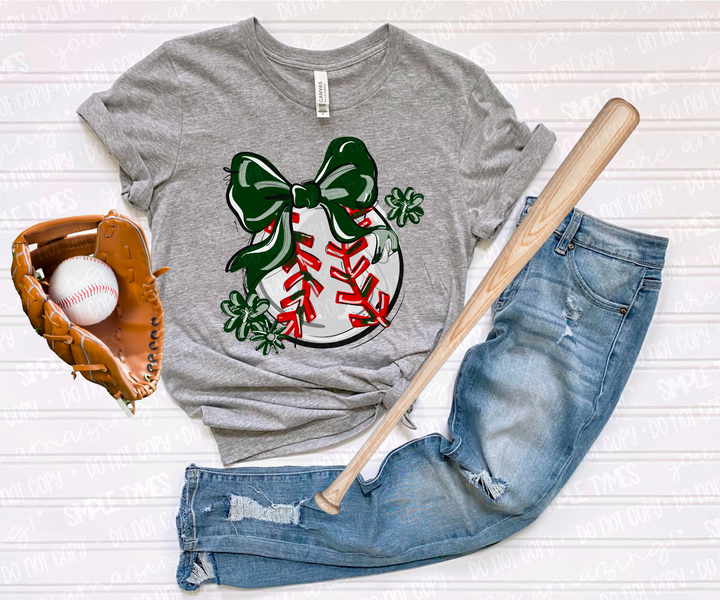 Play Ball Bow with Flowers Baseball DTF Print