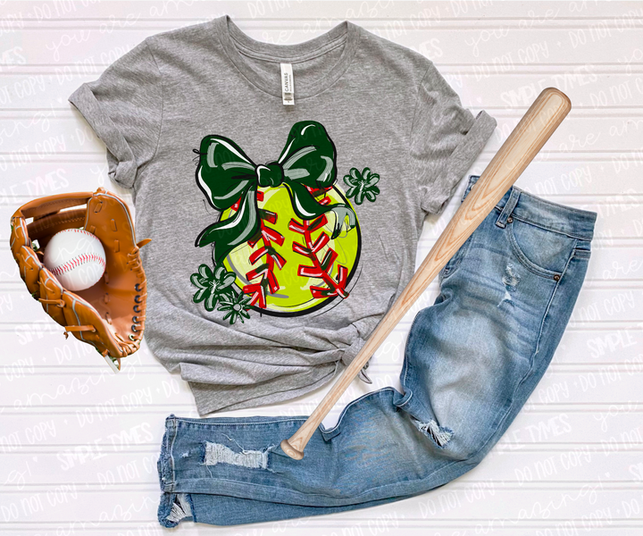 Play Ball Bow with Flowers Softball DTF Print