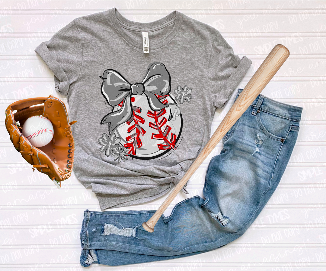 Play Ball Bow with Flowers Baseball DTF Print