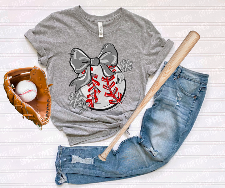 Play Ball Bow with Flowers Baseball DTF Print