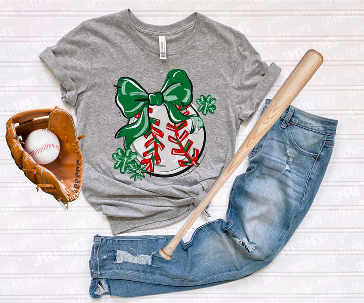Play Ball Bow with Flowers Baseball DTF Print