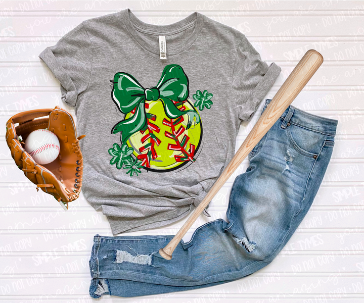 Play Ball Bow with Flowers Softball DTF Print