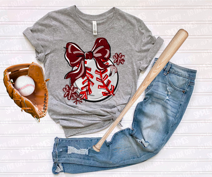 Play Ball Bow with Flowers Baseball DTF Print