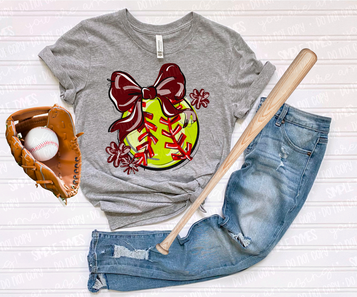 Play Ball Bow with Flowers Softball DTF Print