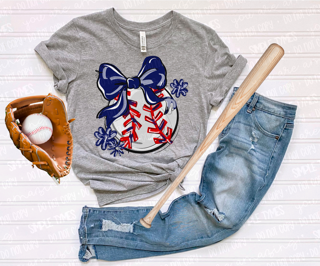 Play Ball Bow with Flowers Baseball DTF Print