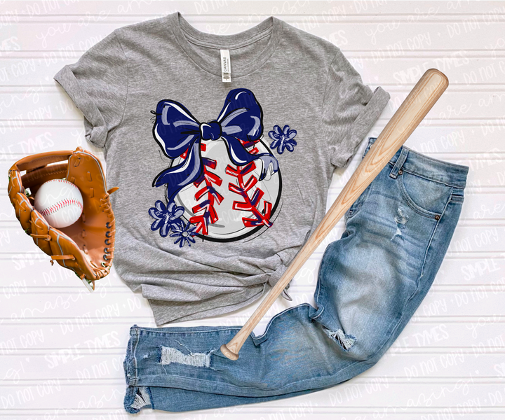 Play Ball Bow with Flowers Baseball DTF Print