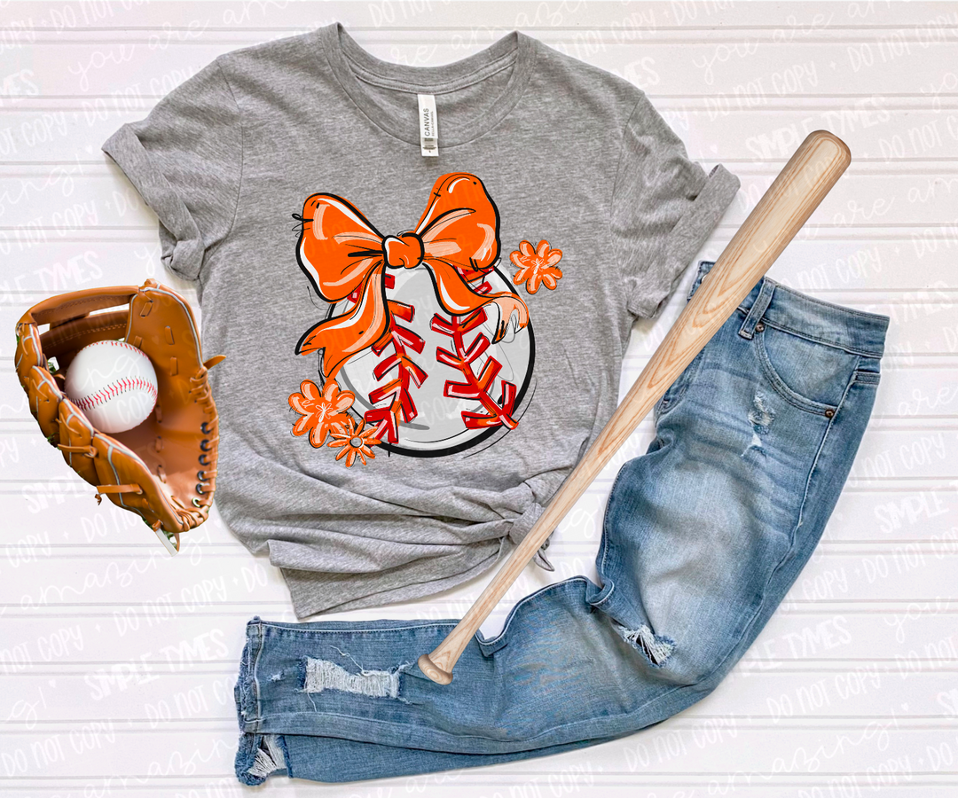 Play Ball Bow with Flowers Baseball DTF Print