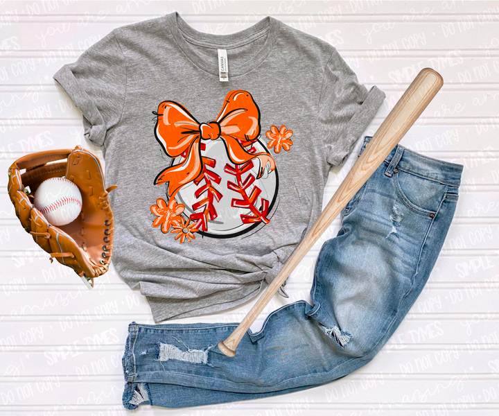 Play Ball Bow with Flowers Baseball DTF Print