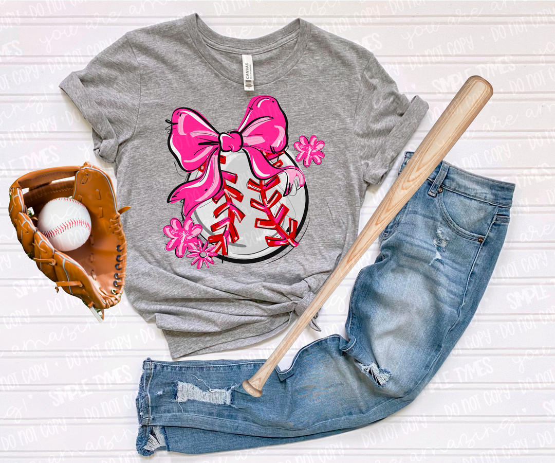Play Ball Bow with Flowers Baseball DTF Print