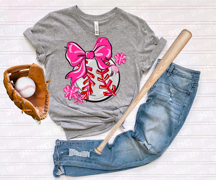 Play Ball Bow with Flowers Baseball DTF Print