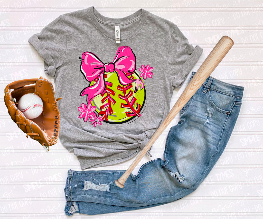 Play Ball Bow with Flowers Softball DTF Print