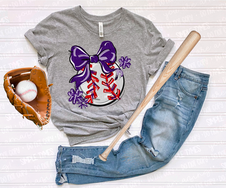 Play Ball Bow with Flowers Baseball DTF Print