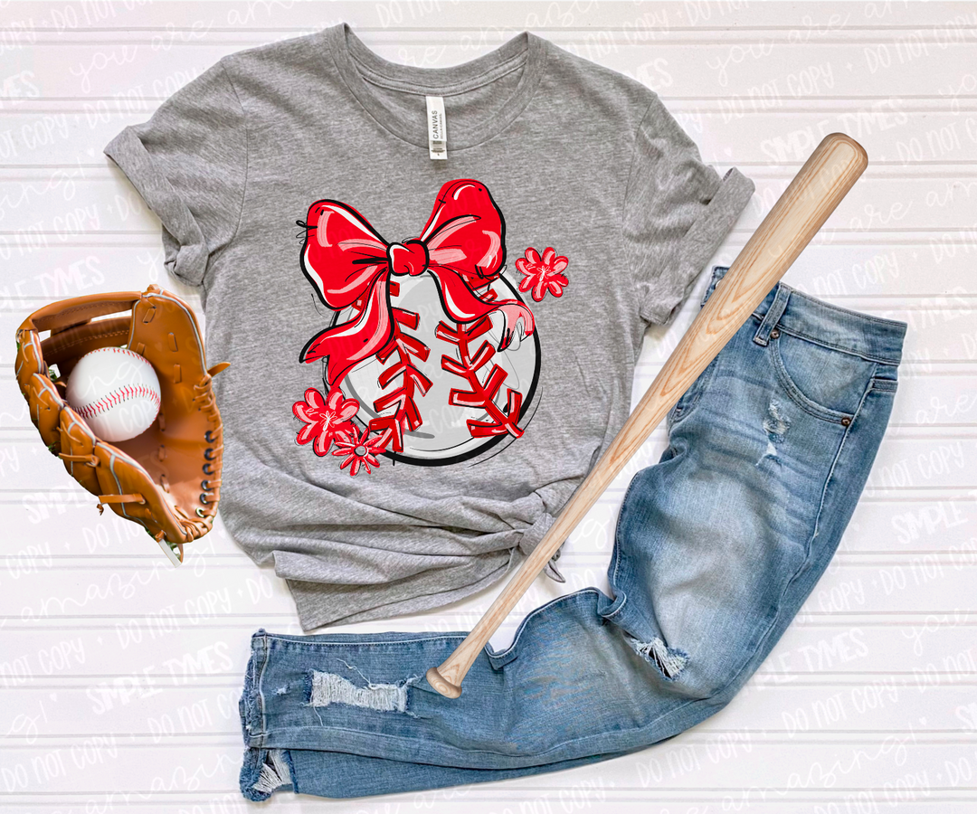 Play Ball Bow with Flowers Baseball DTF Print