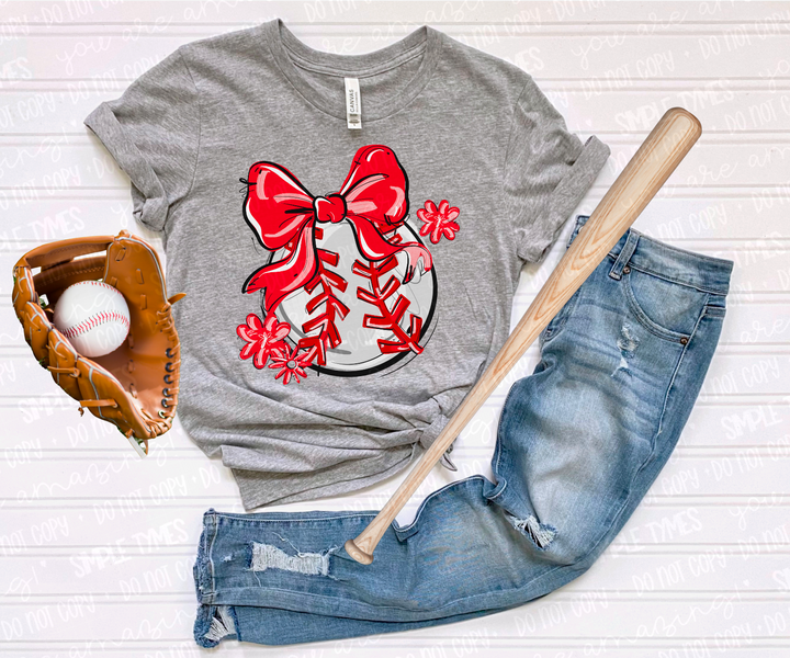 Play Ball Bow with Flowers Baseball DTF Print