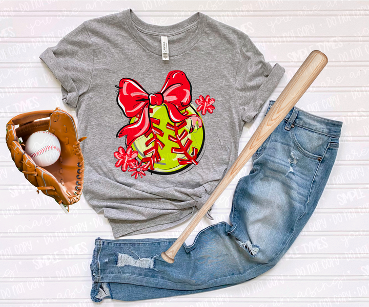 Play Ball Bow with Flowers Softball DTF Print