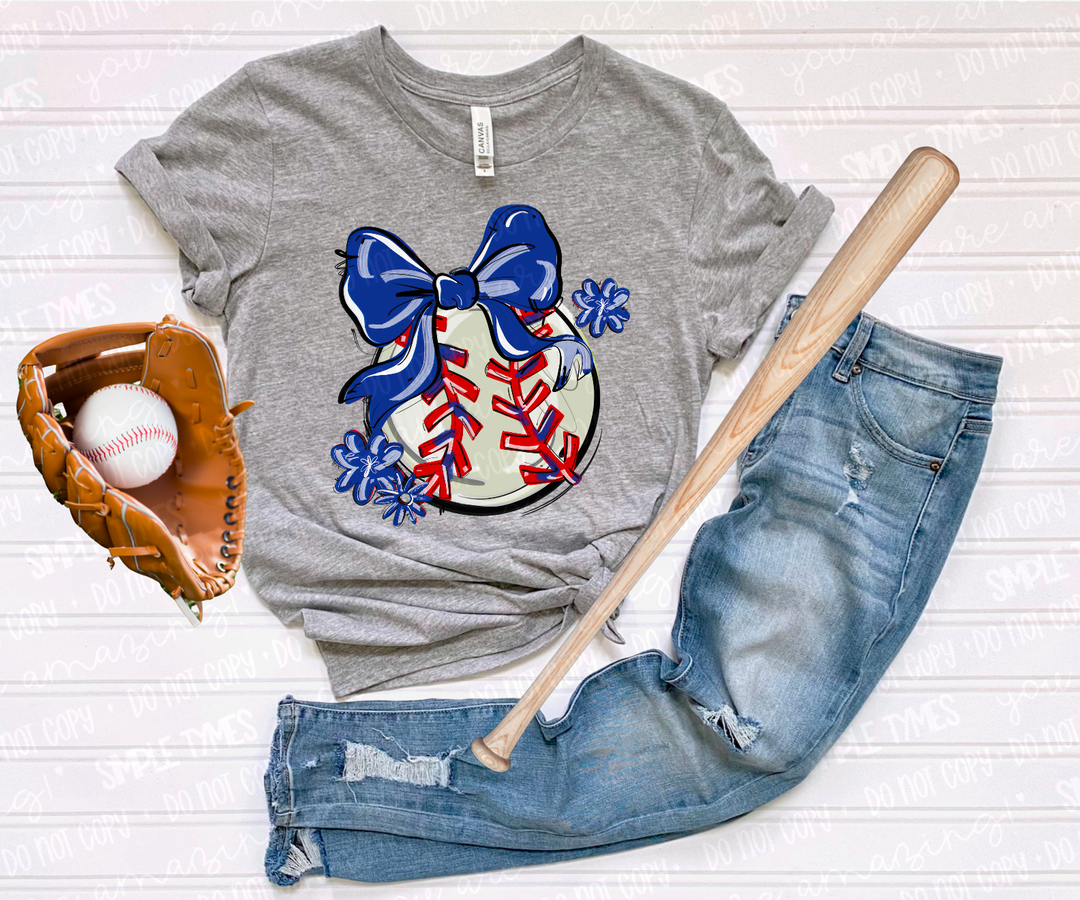 Play Ball Bow with Flowers Baseball DTF Print