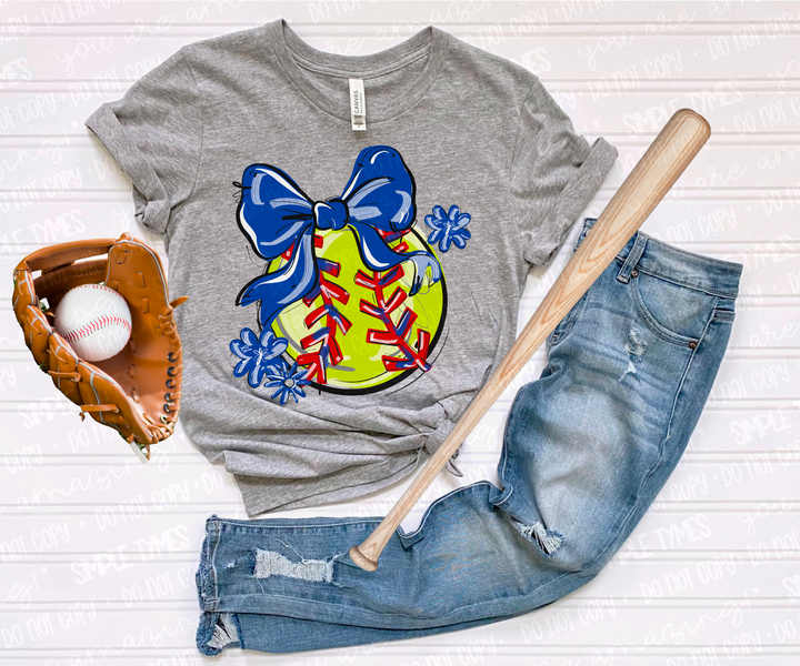 Play Ball Bow with Flowers Softball DTF Print
