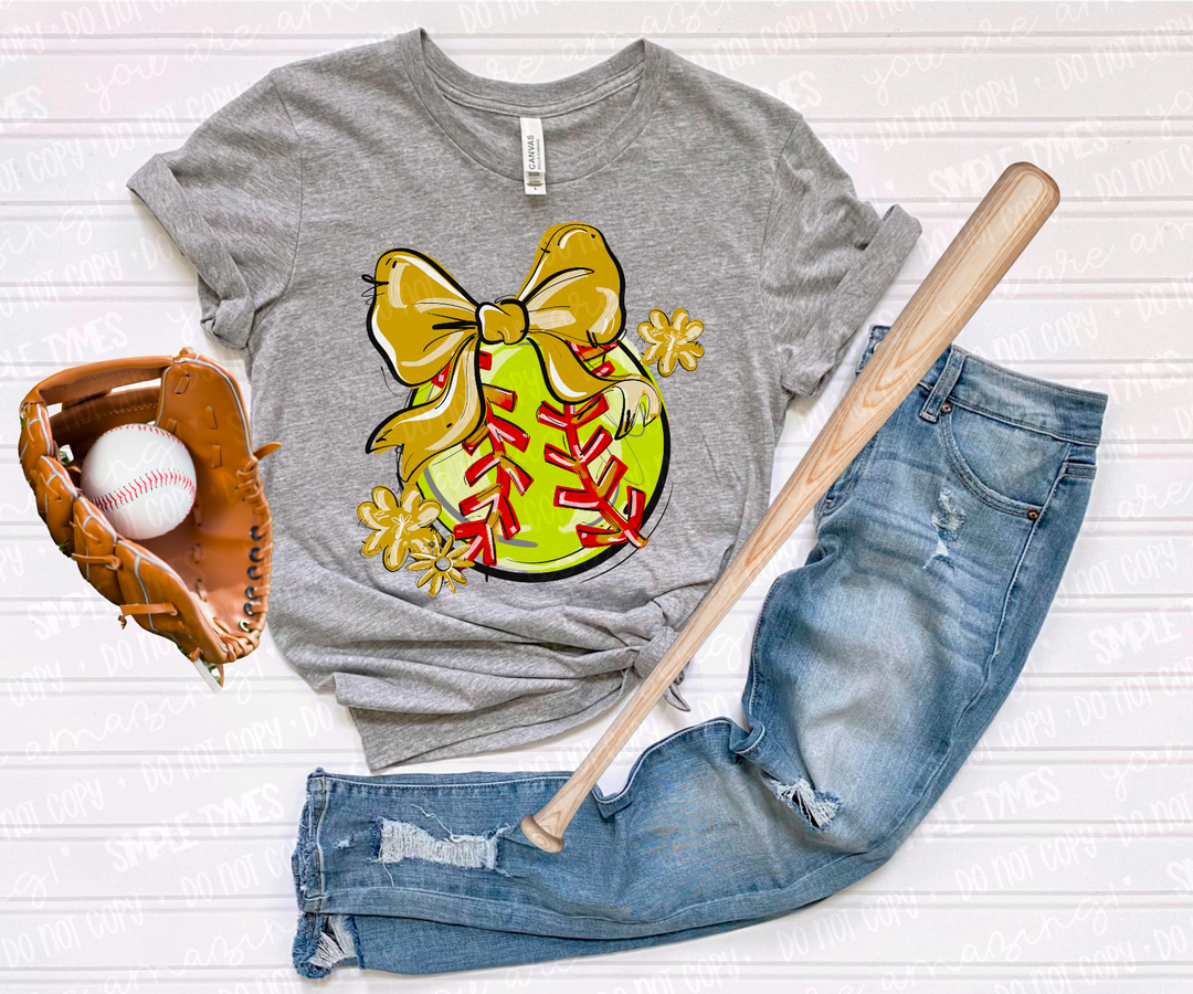 Play Ball Bow with Flowers Softball DTF Print