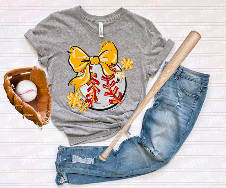 Play Ball Bow with Flowers Baseball DTF Print