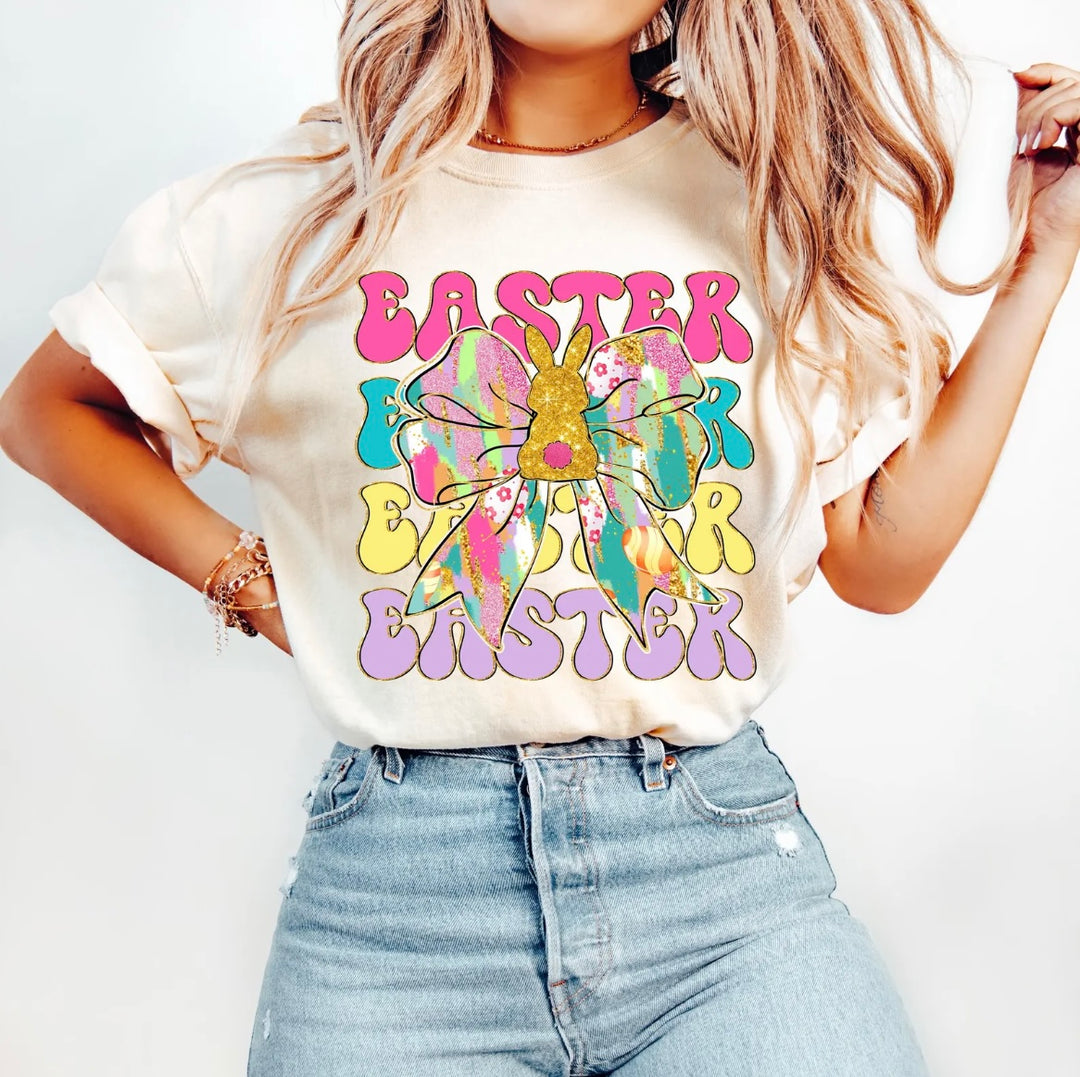 Easter Bow With Gold Bunny DTF Print