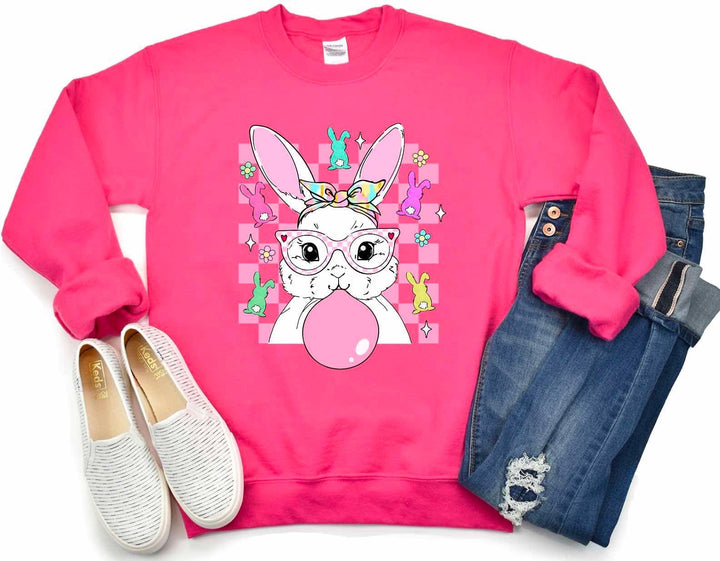 Bunny With Bubblegum And Checkered Background DTF Print