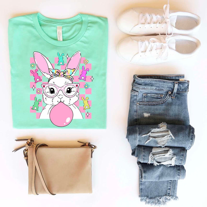 Bunny With Bubblegum And Checkered Background DTF Print