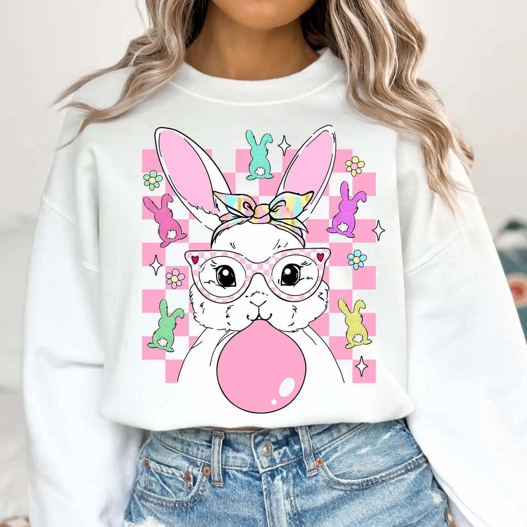 Bunny With Bubblegum And Checkered Background DTF Print