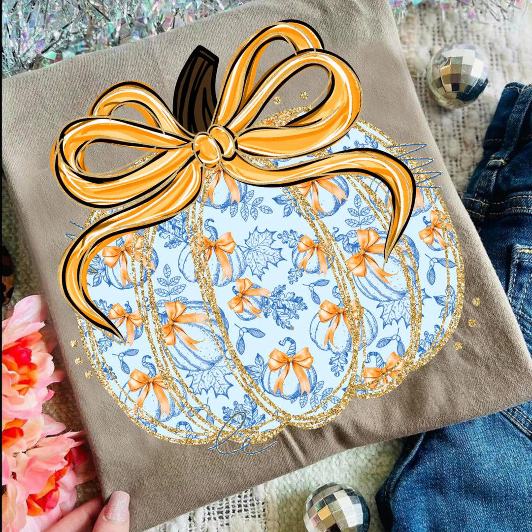 Blue Floral Pumpkin DTF Print