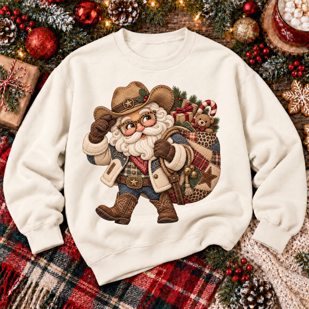 Western Santa Faux Embroidery DTF Print