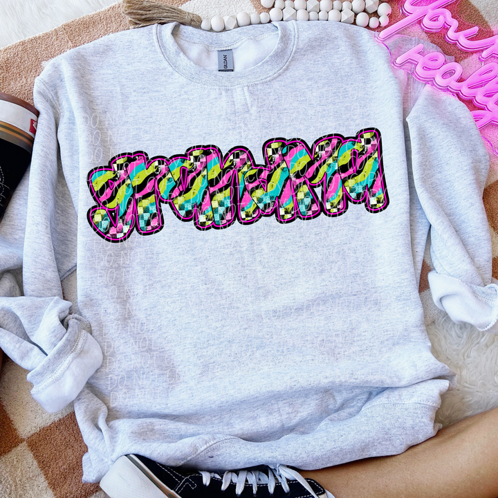 Neon Checker Names DTF Print