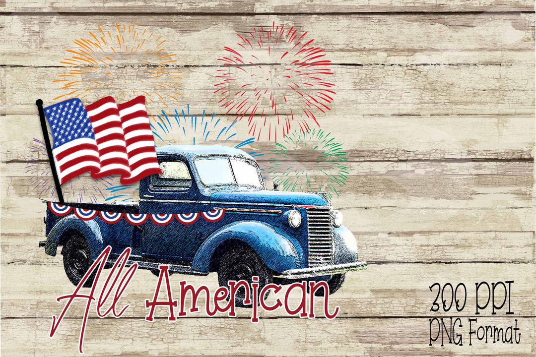 All American Vintage Truck and Fireworks Patriotic DTF Print