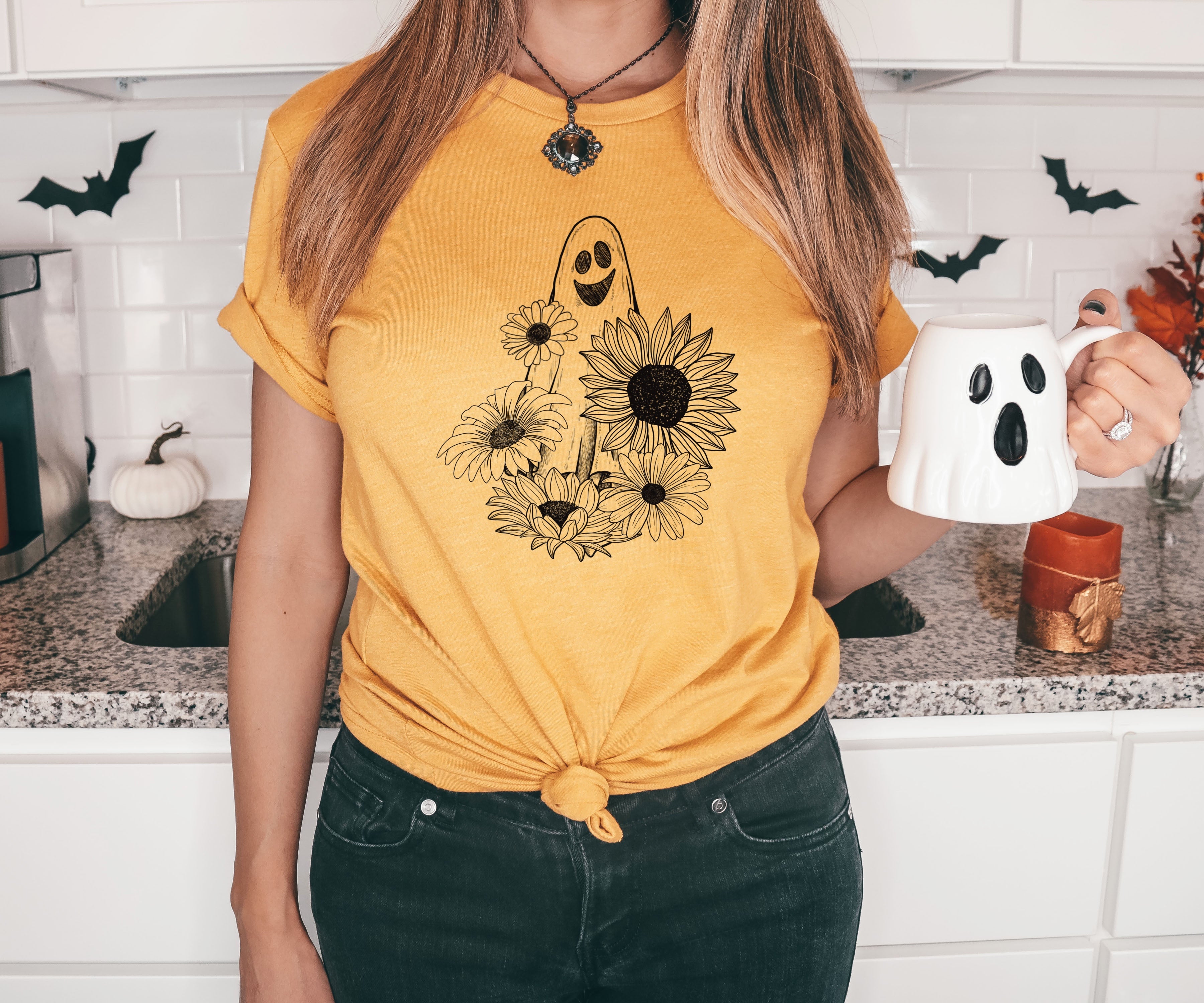 Single Color Ghost with Sunflowers Screen Print YZ13